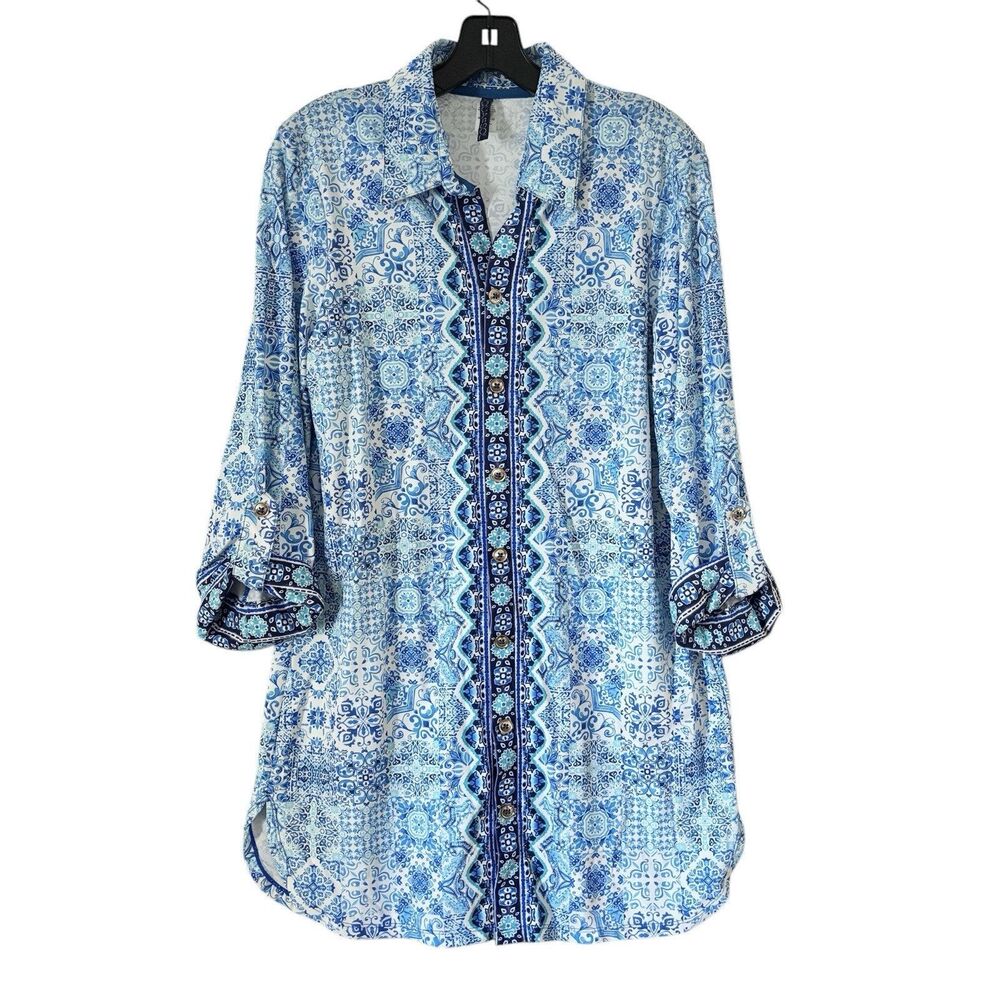 Aqua et Sol Tunic Cover-Up Button-Front Women’s M Roll-Tab Blue Patchwork Print